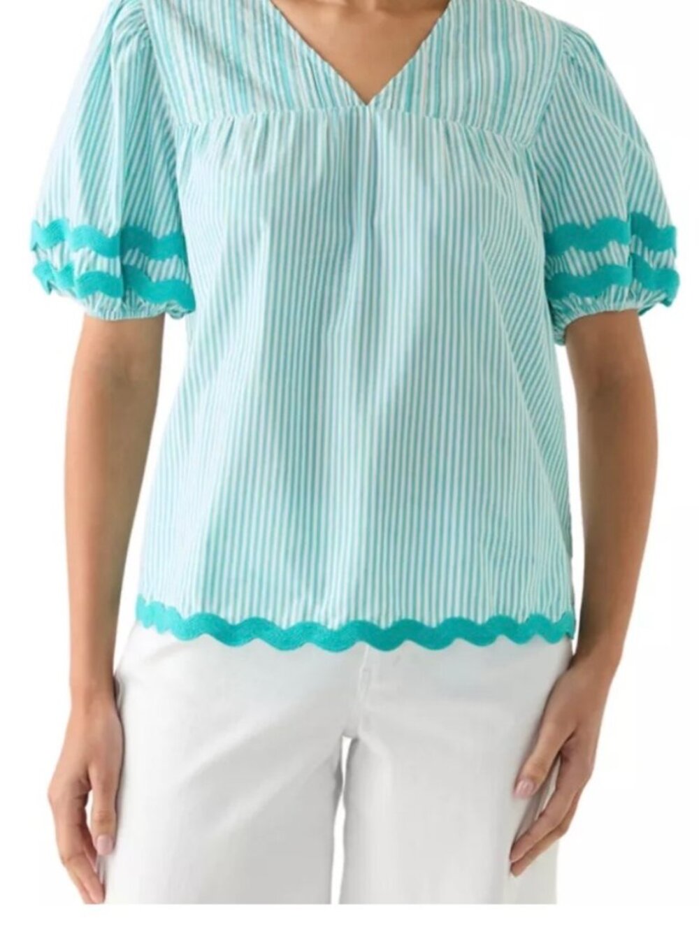 Crown & Ivy Teal Striped Babydoll Top 💙 | Scallop Trim Puff Sleeve Blouse